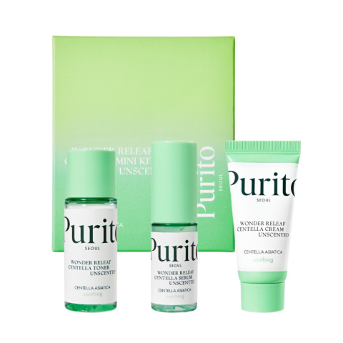 PURITO Seoul - Wonder Releaf Centella Mini Kit Unscented - zestaw bezzapachowych miniaturek do twarzy, 3szt.