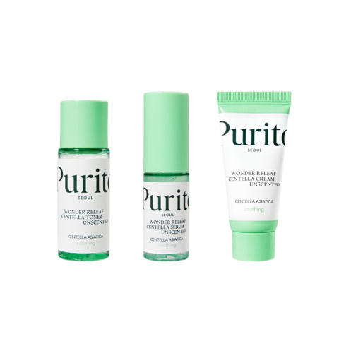 PURITO Seoul - Wonder Releaf Centella Mini Kit Unscented - zestaw bezzapachowych miniaturek do twarzy, 3szt.